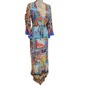 Shahida Parides Aqua Mosaic Long Wrap Robe Dress S/M